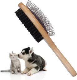 Merkloos Nobleza Dierenborstel - Hondenborstel - Kattenborstel - Tweezijdig - Dubbelzijdig - Hout - Maat L