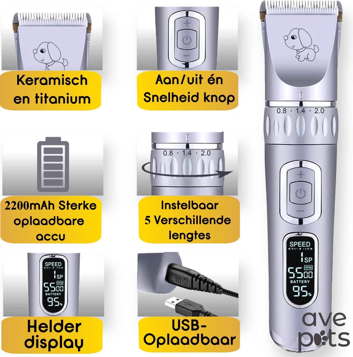 AVE Pets® Volledige Hondentondeuse Set Met Display - Draadloos Tondeuse - Scheerapparaat Voor Je Hond Of Kat - Huisdier Trimmer - Dierentondeuse - Dieren Verzorging - Afbeelding 4