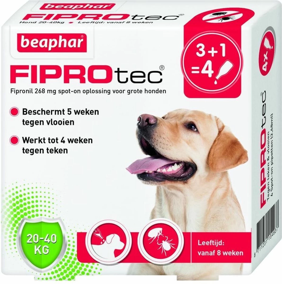 Beaphar Fiprotec Anti Vlooien En Teken Druppels Hond 20 - 40 Kg 3 + 1 Stuks