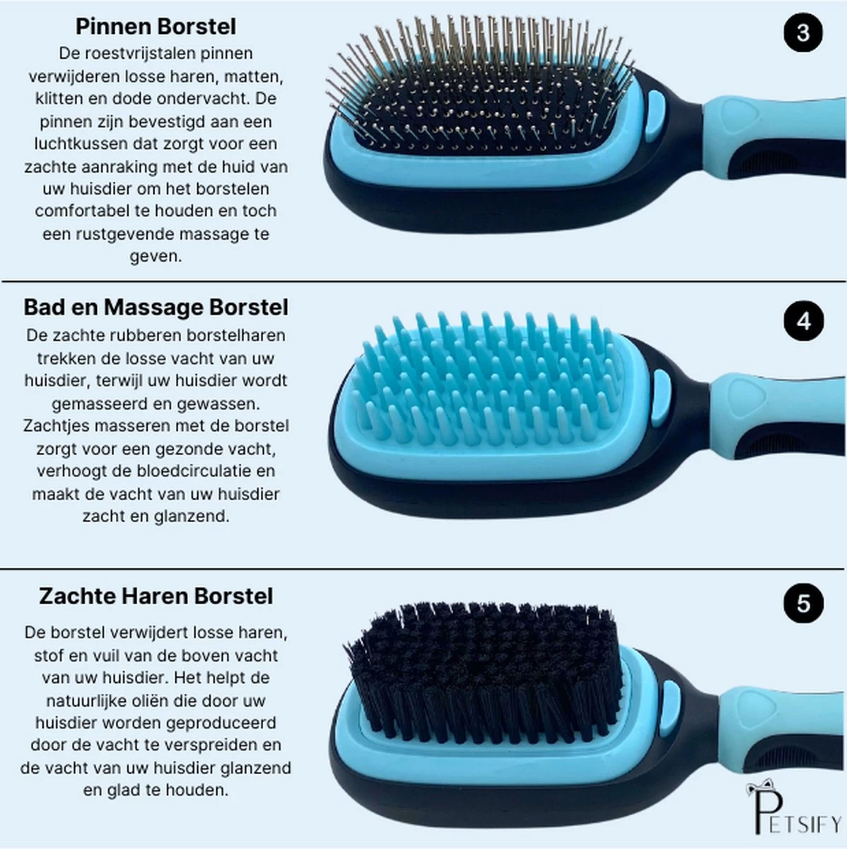 Petsify - Dierenborstel - Professionele 5 In 1 Hondenborstel - Voor Hond En Kat - Tweezijdig - Hondenkam - Kattenborstel - Kattenkam - Afbeelding 3