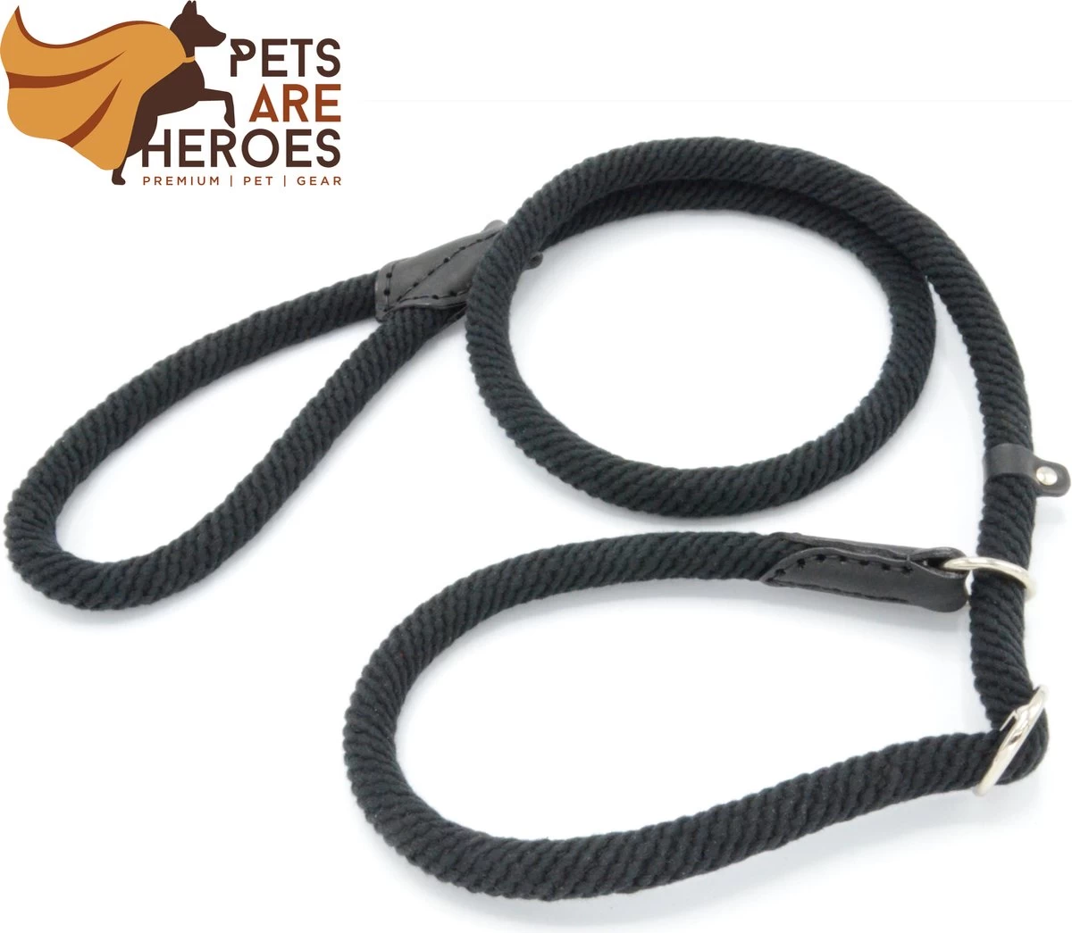 Sliplijn Met Stop - 2 Meter - Zwart - Verstevigd - Roestvrij Staal - Verstelbaar - Hondenriem - Trainingslijn Voor Honden - Touw - Touwlijn - Lijn - Made In Portugal