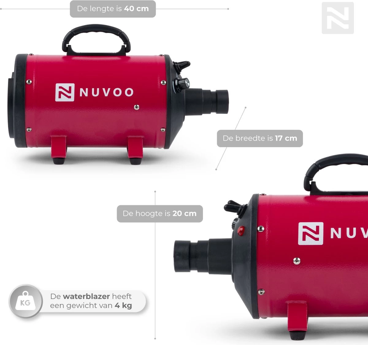 Nuvoo Professionele Hondenföhn / Waterblazer / Hondenborstel Met 3 Opzetstukken - Verstelbare Vermogen Tot 2200W - Warme / Koude Stand - Rood - Afbeelding 3