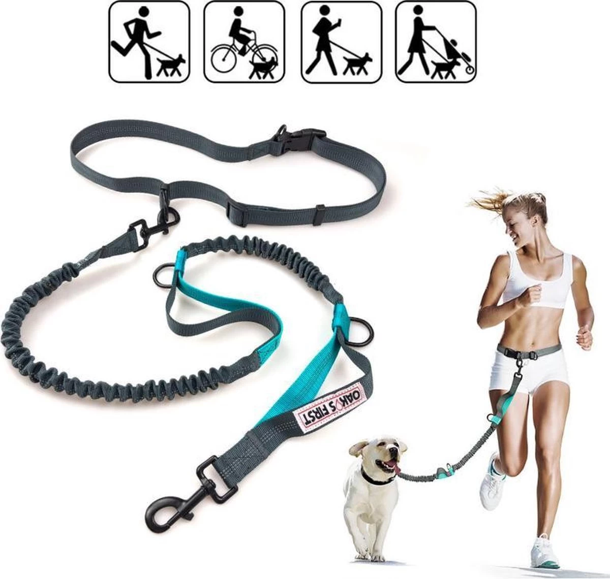 Oak's First Elastische En Diervriendelijke Looplijn Met Heupriem - Hondenriem - 150cm/210cm - Grijs
