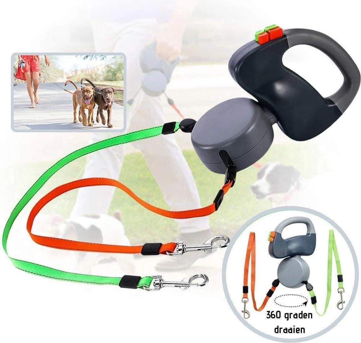 Merkloos Dubbele Hondenriem Voor Twee Honden - Grijs - Tot 22 Kg (per Hond) - 300 Cm