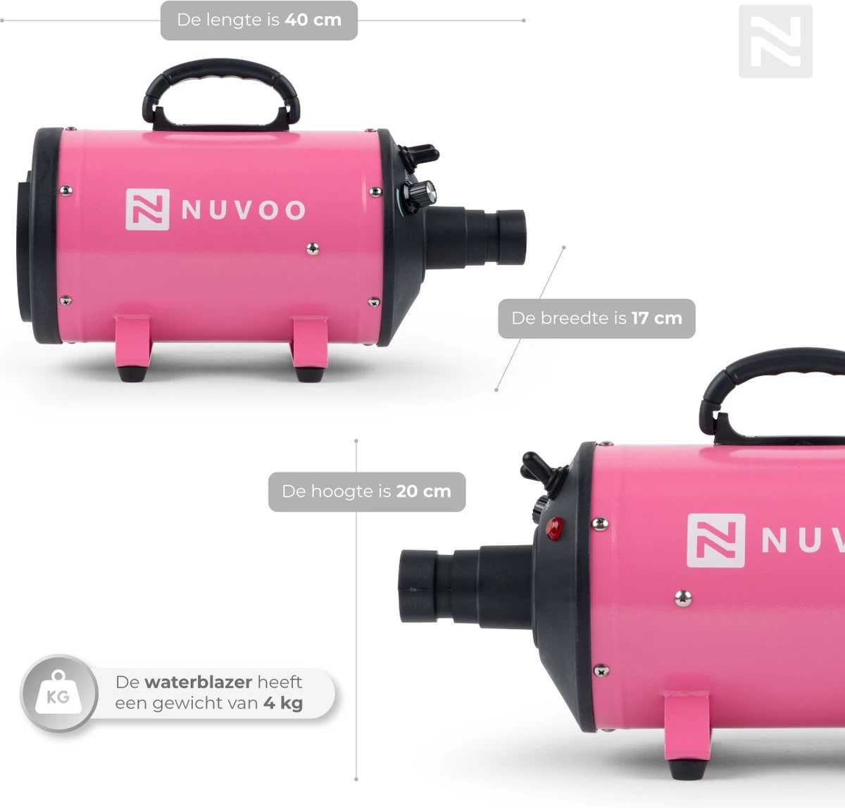 Nuvoo Professionele Hondenföhn / Waterblazer / Hondenborstel Met 3 Opzetstukken - Verstelbare Vermogen Tot 2200W - Warme / Koude Stand - Roze - Afbeelding 2