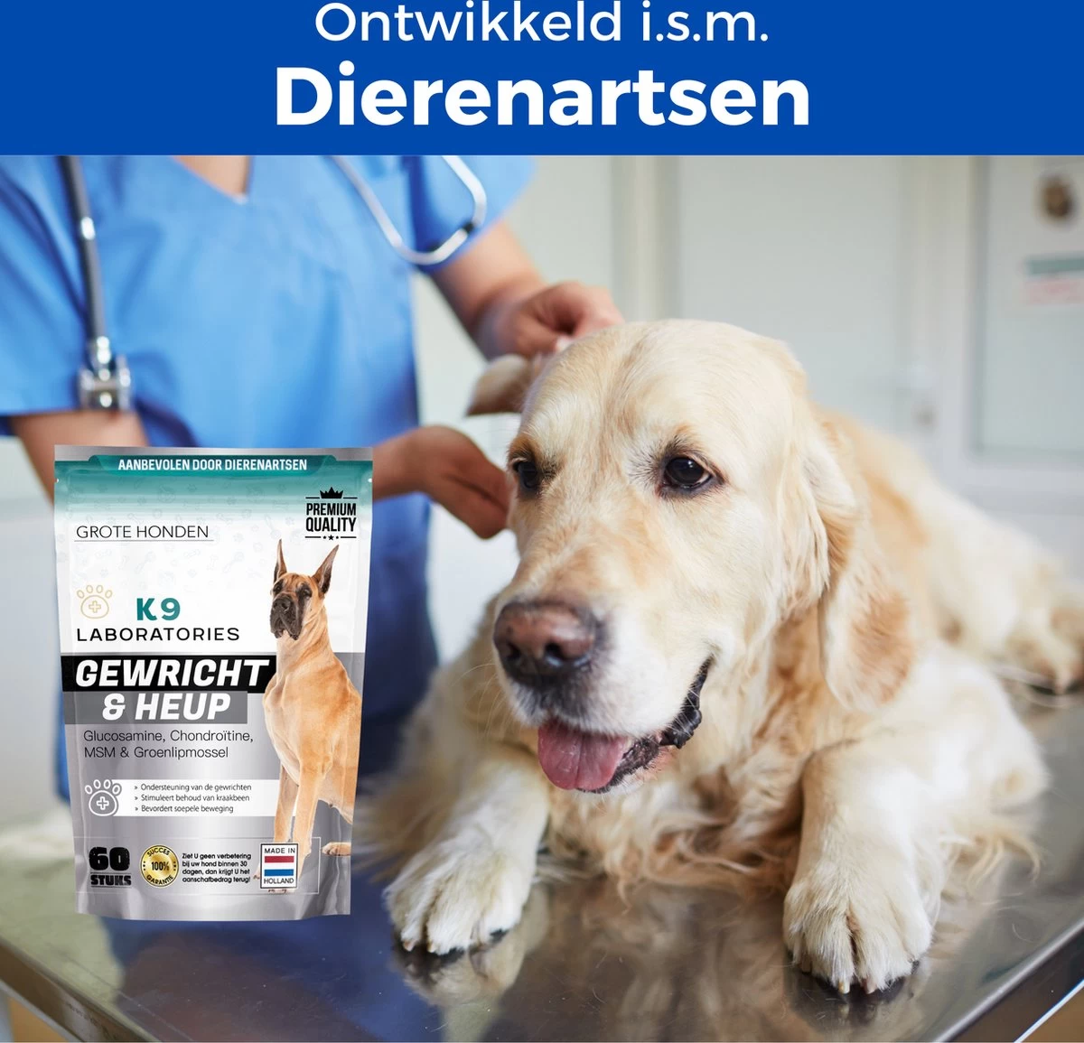 K9 Laboratories Gewricht & Heup 40+ Kg - 60 Stuks - Voor Grote Honden - Collageen - Glucosamine - Spirulina - Groenlipmossel - Afbeelding 4