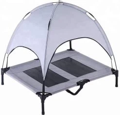 Dogs&Co Honden Ligbed Met Zonnedak Grijs 122x92x23 Cm Hoogte Incl Dak 108cm - Grote Hondenbed Stretcher Met UV Canopy - Hondenstretcher Met Zonnetent