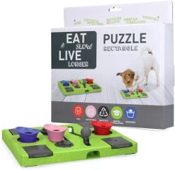 Eat Slow Live Longer Puzzel Rectangle – Intelligentie Speelgoed Voor Honden – Interactief Hondenspeelgoed – Uitdagende Hondenpuzzel – Gerecyclede Materialen – Te Vullen Met Snacks - 25x26x5 Cm - Groen