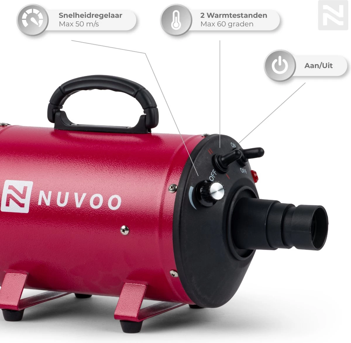 Nuvoo Professionele Hondenföhn / Waterblazer / Hondenborstel Met 3 Opzetstukken - Verstelbare Vermogen Tot 2200W - Warme / Koude Stand - Rood - Afbeelding 2