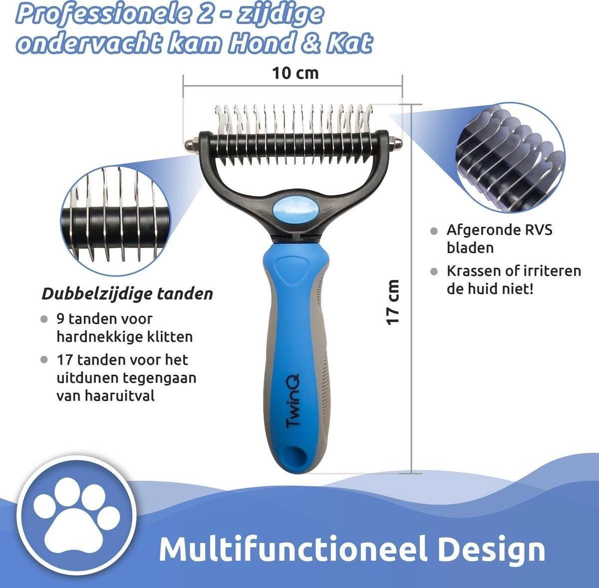 TwinQ Vachtverzorgingsset Hond/kat - Professionele 2-zijdige Ondervacht Kam - Klittenkam Voor Honden En Katten - Verwijderd Klitten En Voorkomt Haaruitval - Incl. Vlooienkam En Tandenborstel - Afbeelding 5
