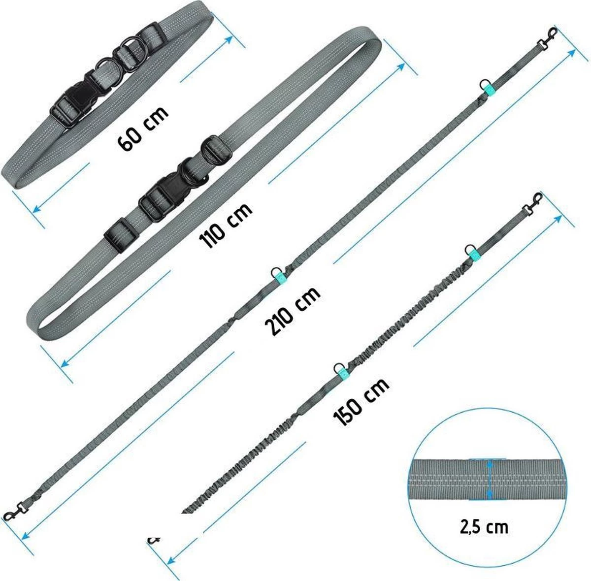 Oak's First Elastische En Diervriendelijke Looplijn Met Heupriem - Hondenriem - 150cm/210cm - Grijs - Afbeelding 3