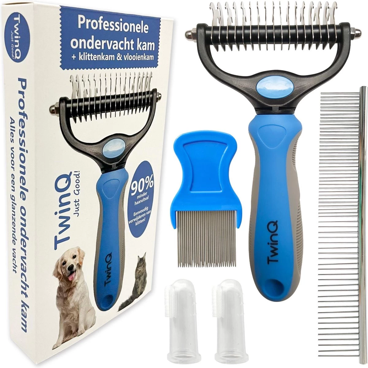 TwinQ Vachtverzorgingsset Hond/kat - Professionele 2-zijdige Ondervacht Kam - Klittenkam Voor Honden En Katten - Verwijderd Klitten En Voorkomt Haaruitval - Incl. Vlooienkam En Tandenborstel - Afbeelding 8