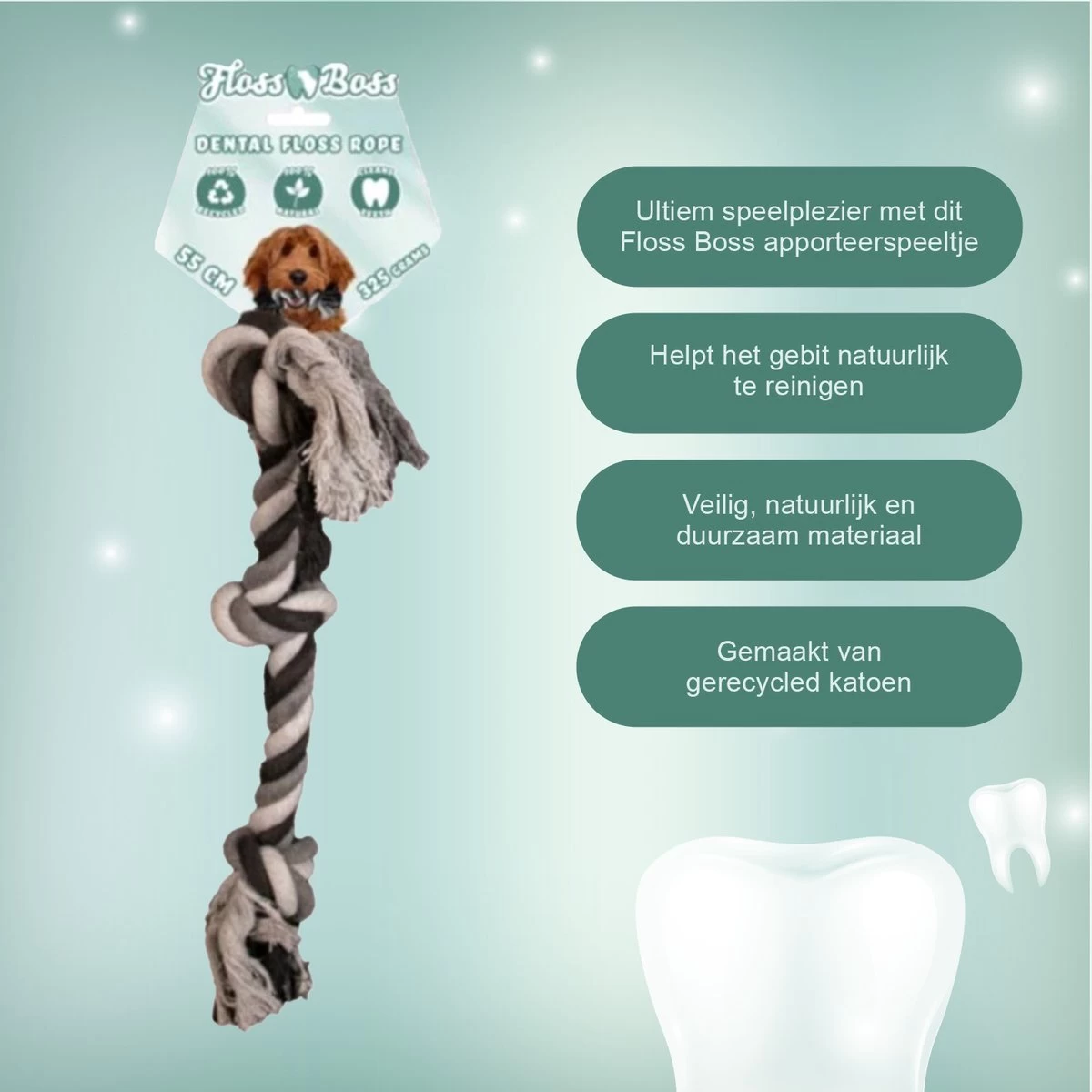 Floss Boss Flostouw – Zeer Stevig En Veilig Hondenspeelgoed – Hondentouw Van Gerecycled Katoen – Grijs Trektouw – 55cm – 325g – 3 Knopen - Afbeelding 3