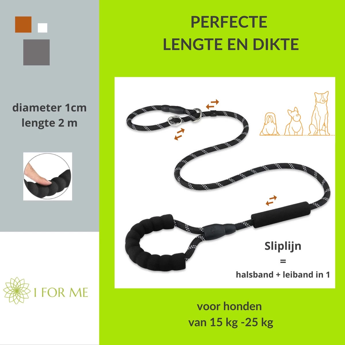 1FORME Hondenriem 15-25kg - Sliplijn Hond REFLECTEREND 2m, 1cm Ø - Jachtlijn 2 Ergonomische Handvaten - Dubbel Stop - Afbeelding 3