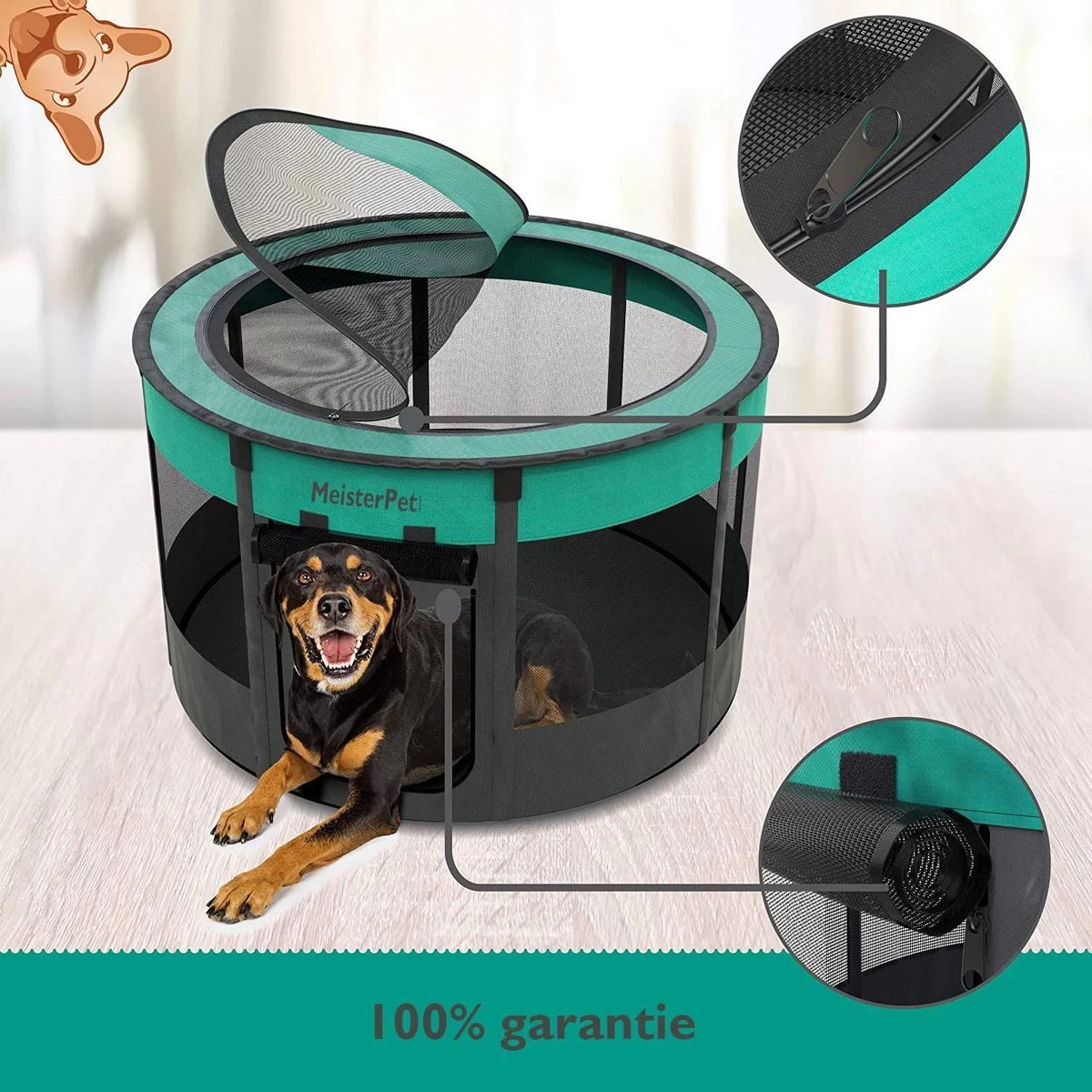 Meisterpet - Opvouwbare Puppyren Rond - (Ø X H) 115 X 58 Cm - Met Gratis Dieren Verzorging Set - Afbeelding 5