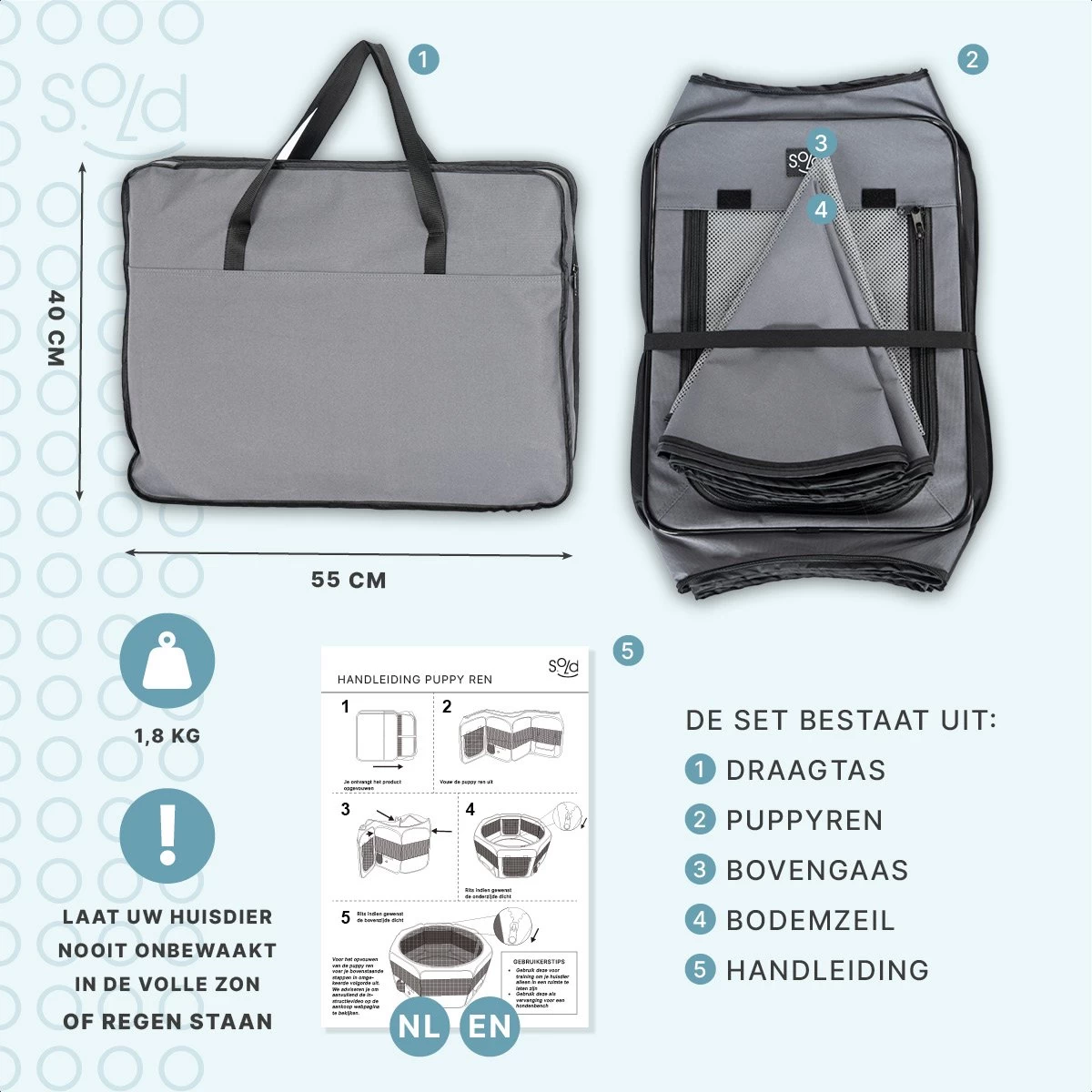 Puppyren - Hondenren - Opvouwbaar - Ook Geschikt Voor Katten En Knaagdieren - Maat M - Grijs - (ØxH) 91x52 Cm - Afbeelding 7