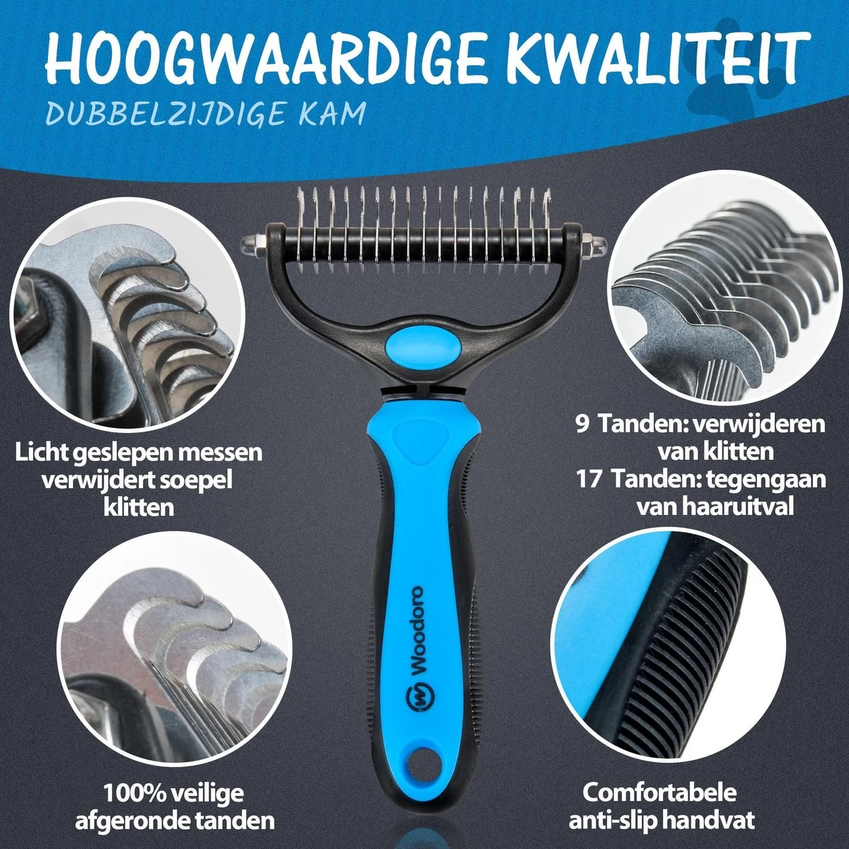 Woodoro 2-Zijdige Kattenkam Voor Ondervacht - Voorkomt Haaruitval - Verwijdert Klitten - Afbeelding 2