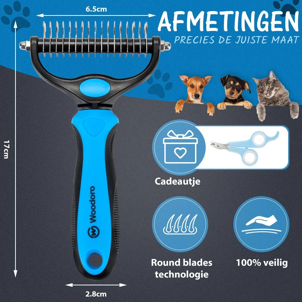 Woodoro 2-Zijdige Kattenkam Voor Ondervacht - Voorkomt Haaruitval - Verwijdert Klitten - Afbeelding 5