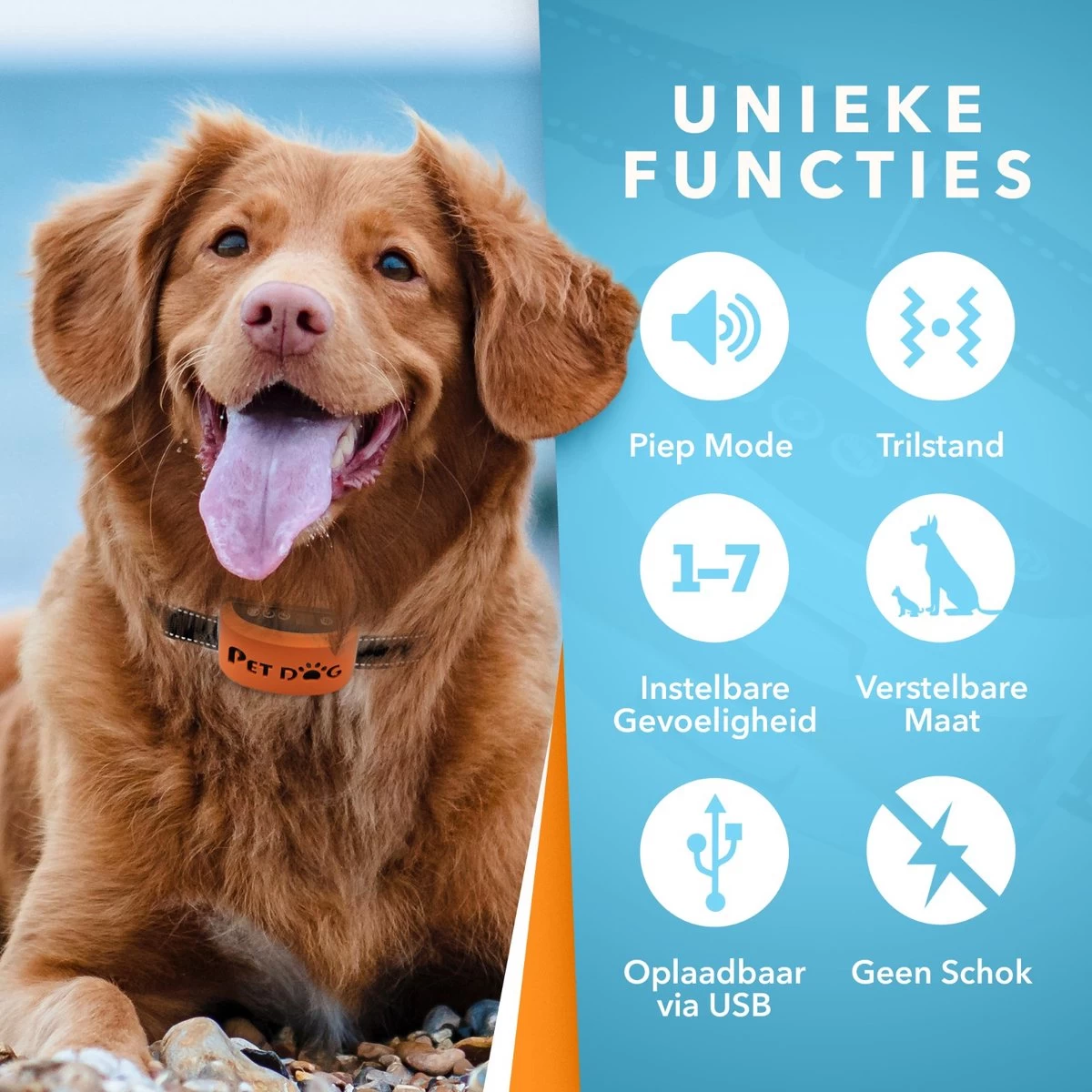 PET DOG® | Anti Blafband Voor Honden | 3 T/m 60 Kg | Oplaadbaar | Anti Blaf Band | Trainingsband | Vibratie En Geluid | Diervriendelijk | Shock Aan/uit Instelbaar - Afbeelding 2