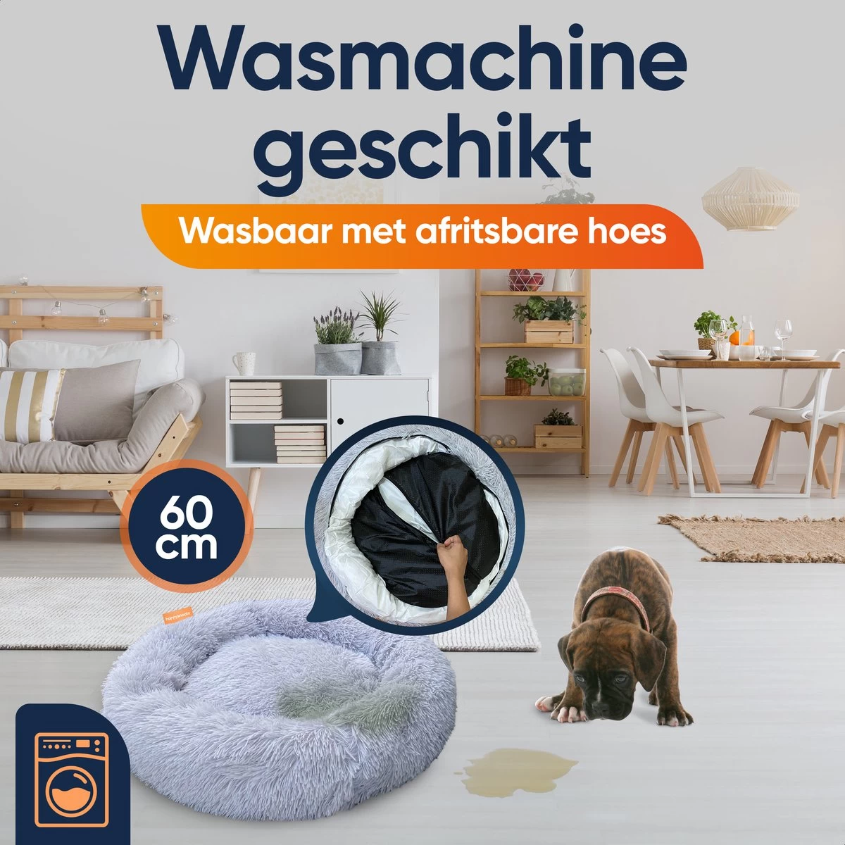 Happysnoots Hondenmand Met Rits - 80cm - Hondenbed - Donut Dog Bed - Fluffy - Grijs - Wasbaar - Afbeelding 2
