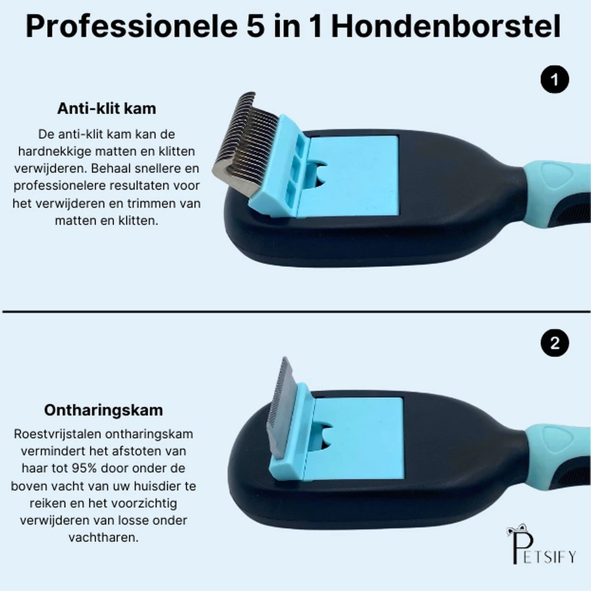 Petsify - Dierenborstel - Professionele 5 In 1 Hondenborstel - Voor Hond En Kat - Tweezijdig - Hondenkam - Kattenborstel - Kattenkam - Afbeelding 2