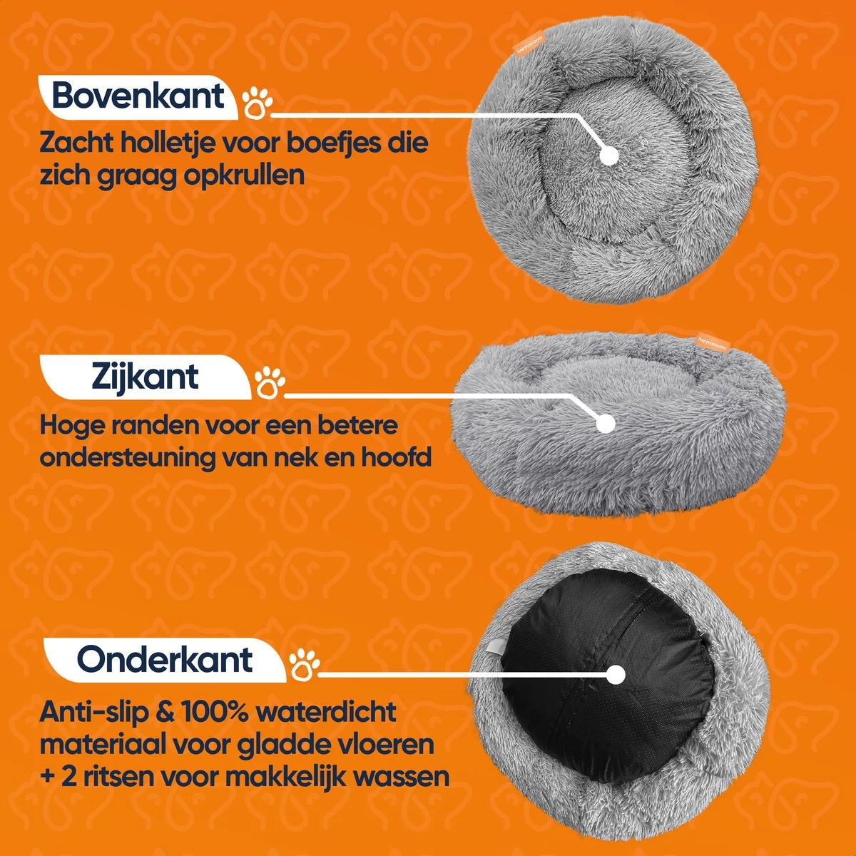Happysnoots Hondenmand Met Rits - 80cm - Hondenbed - Donut Dog Bed - Fluffy - Grijs - Wasbaar - Afbeelding 9