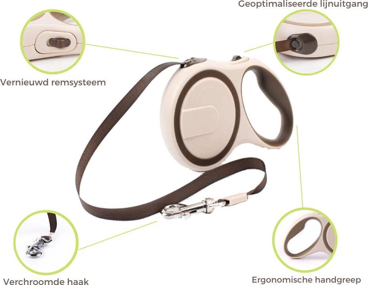 Hondenriem - Leiband Hond - Rollijn - 5 Meter - Beige - Riem Met Oprolsysteem - Hondenriem Flexi - Hondenlijn - Uitlaatriem - Afbeelding 9