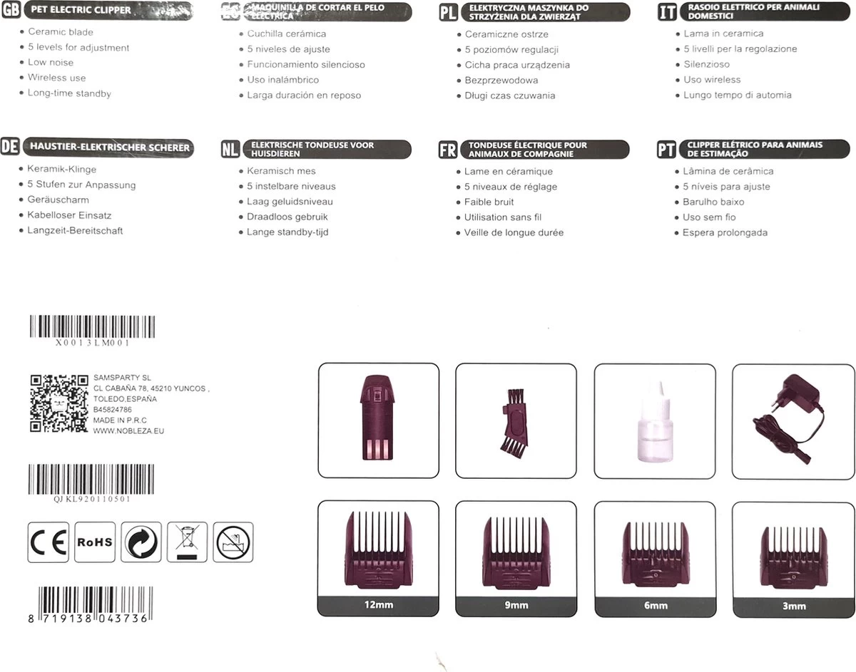 Nobleza Dieren Tondeuse Set - 4 Opzetkammen - Draadloos - Voor Huisdieren Katten & Honden - Afbeelding 8