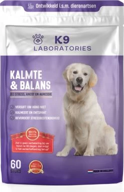 K9 Laboratories - Kalmte & Balans - Supplement - Voor Honden - Tegen Angst - Stress - Agressie - L-tryptofaan - Valeriaan - Hennepzaadolie - 60 Stuks - Voor Een Rustige Hond